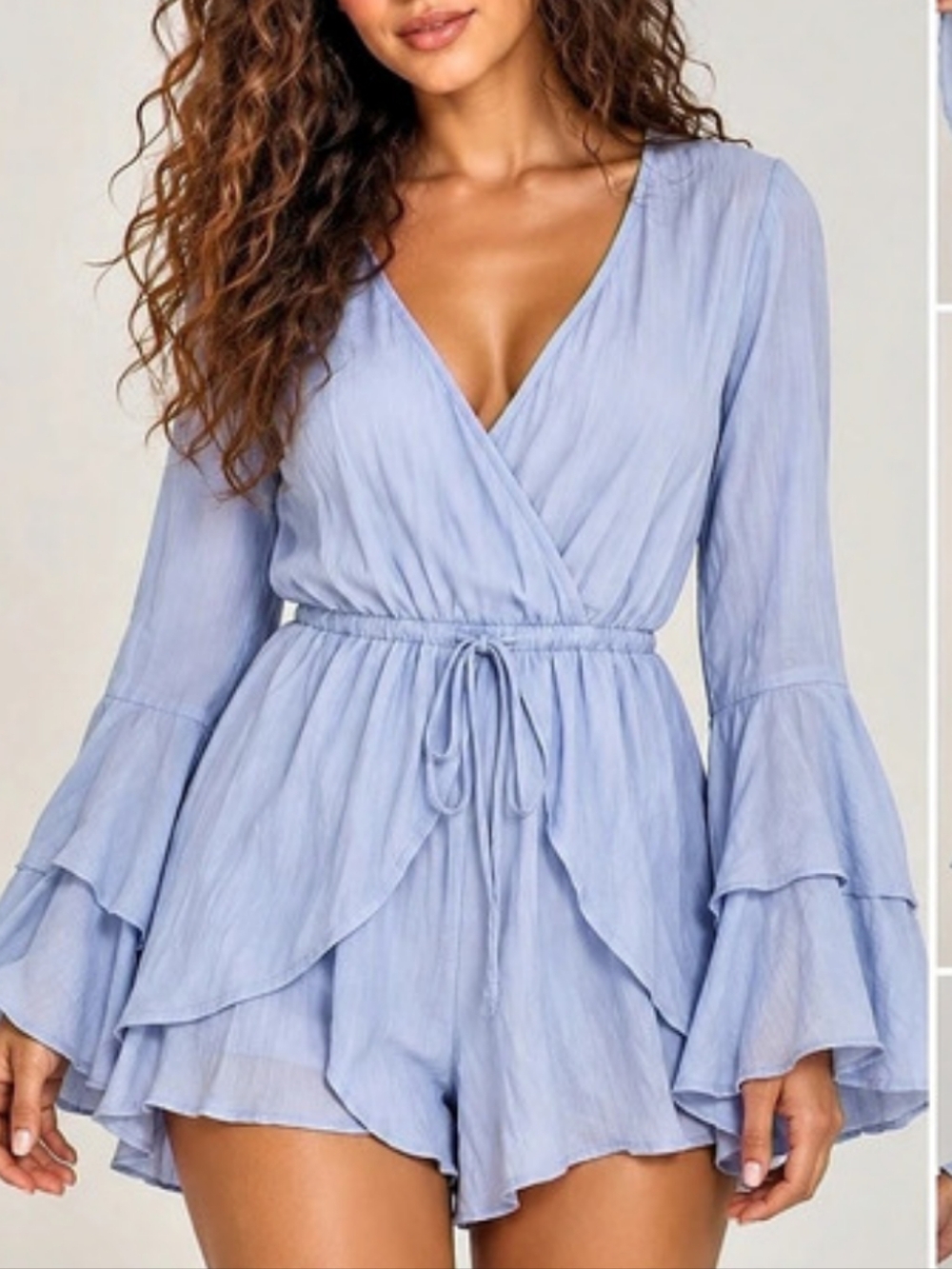 Fashion Nova Ruffle Sleeve Romper in Blue Size Small NWT